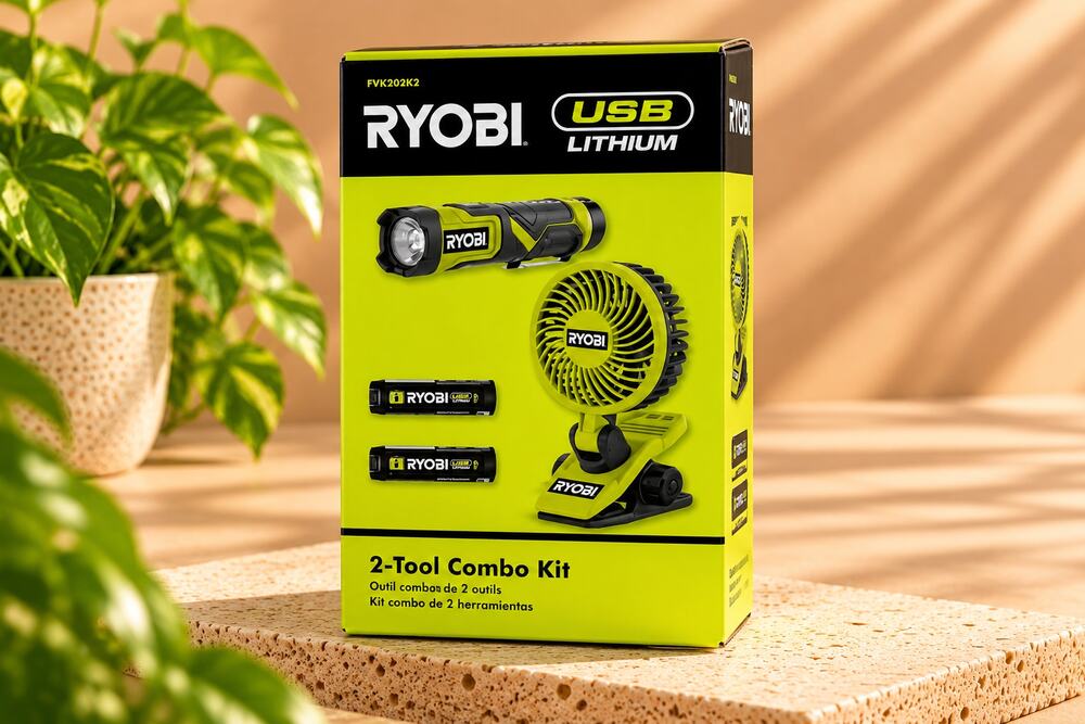 NWT RYOBI USB Lithium 2-Tool Combo Kit Flashlight & Clip-On Fan